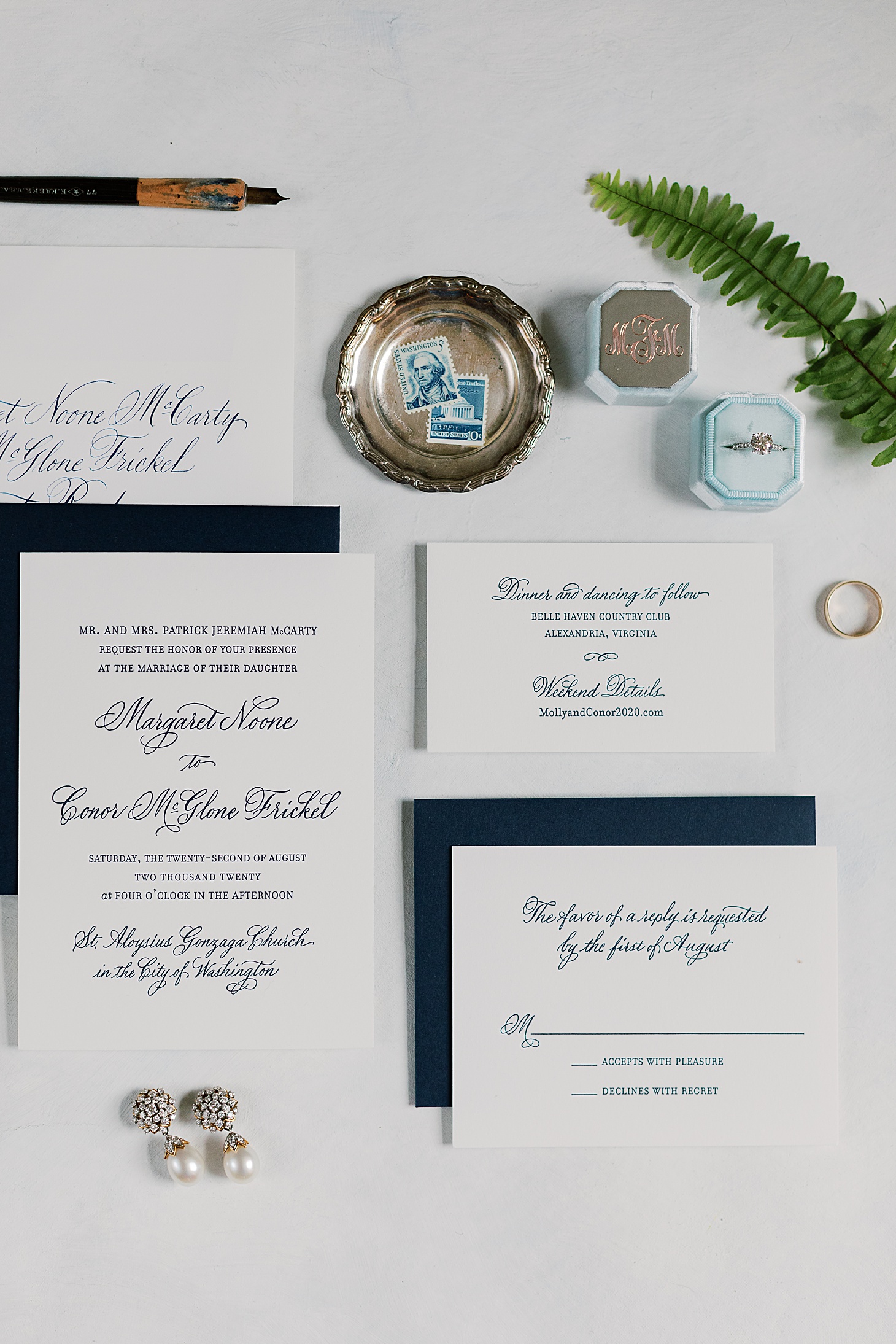 Navy and white wedding invitation at Traditional Family Wedding at Belle Haven Country Club in Alexandria by Sarah Bradshaw