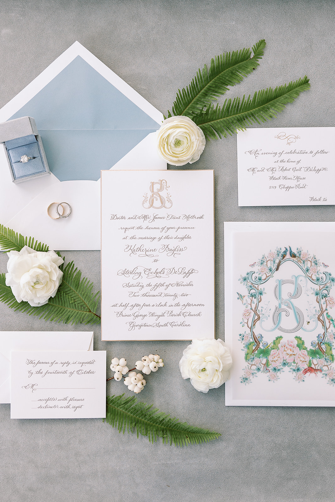 Elegant wedding invitation suite with floral details, custom monogram and gold accents. Classic Black Tie wedding in Georgetown, SC. Sarah Bradshaw Photography