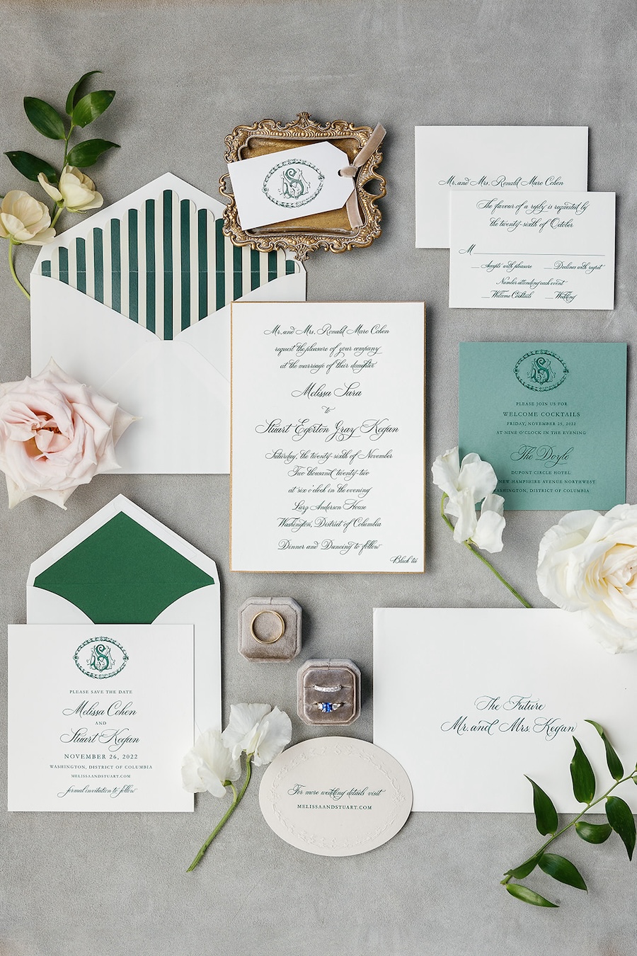 Elegant white and green winter wedding invitation suite. Timeless winter wedding, anderson house, washington dc, sarah bradshaw photography.