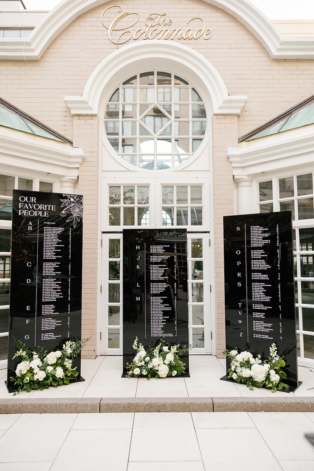 black acrylic seating chart display with white floral arrangements. High end hotel ballroom wedding, The Fairmont, Washington DC. Sarah Bradshaw Photography