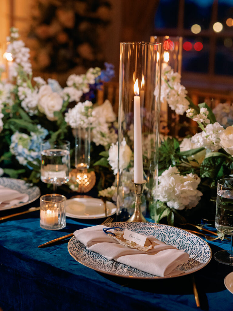 Crystal Ballroom table setting wedding at Historic Cavalier Hotel in Virginia Beach by Sarah Bradshaw Photography