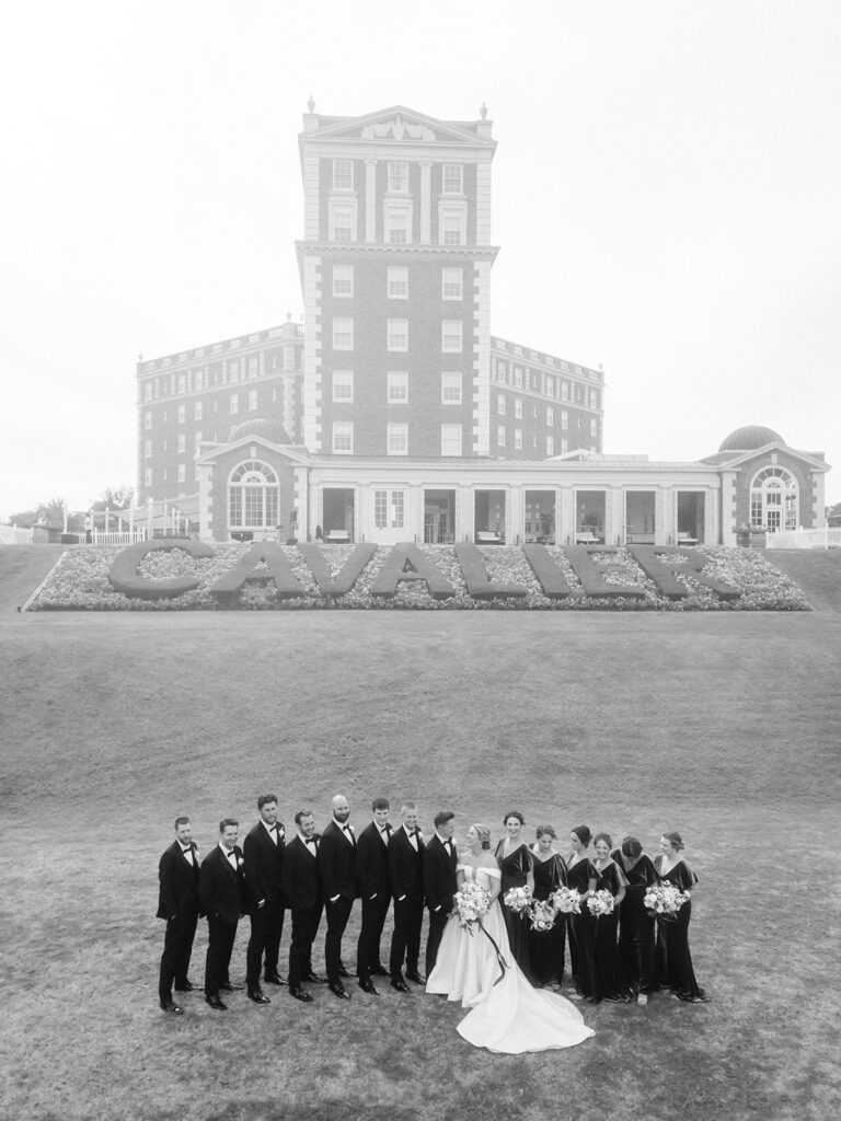 wedding party drone portrait at Historic Cavalier Hotel in Virginia Beach by Sarah Bradshaw Photography